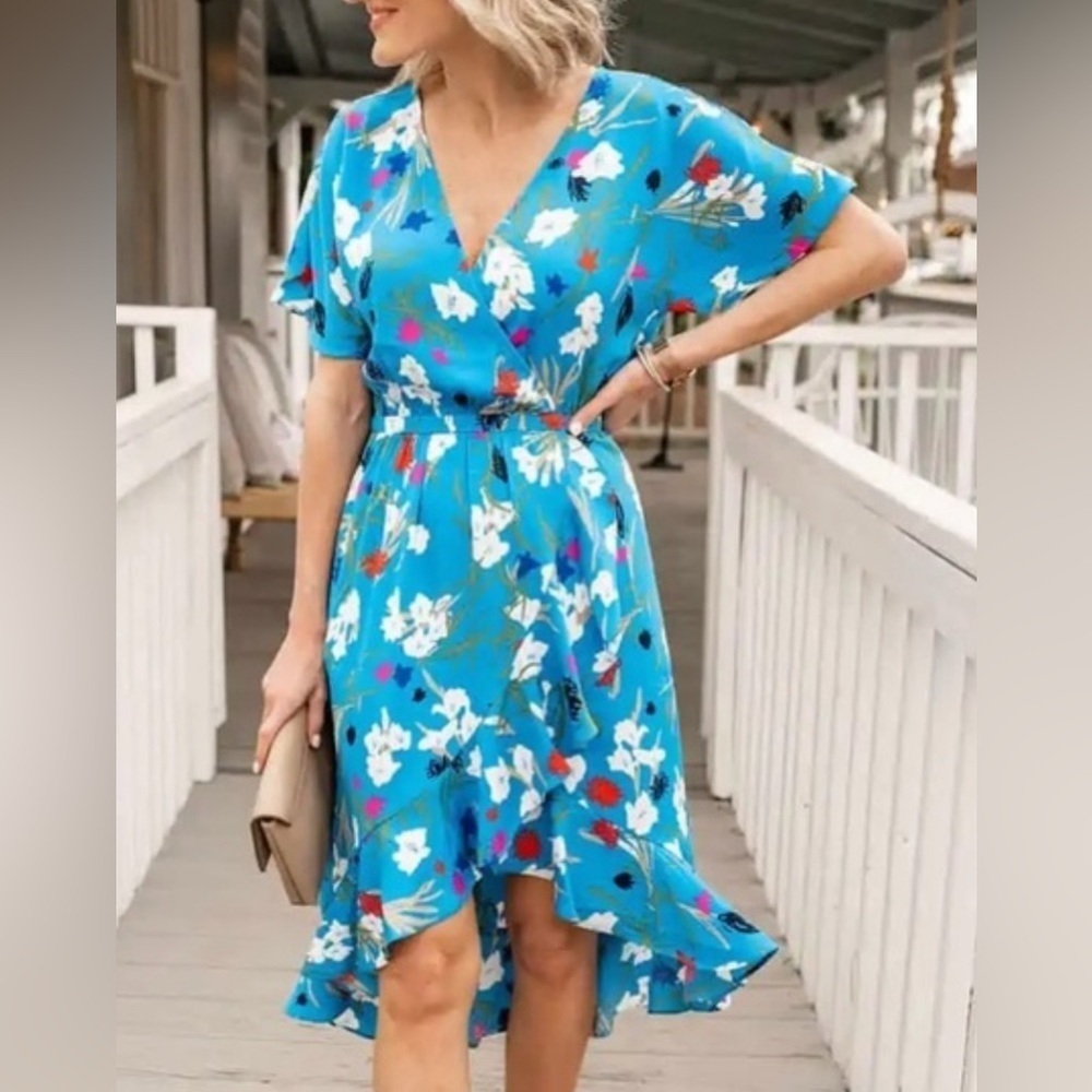 J. CREW‎ Faux Wrap Ruffle Blue Floral midi Dress size large feminine summer